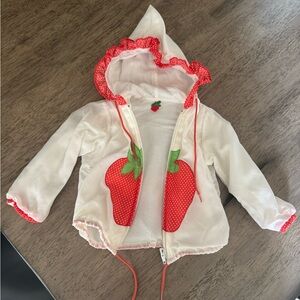 Cream Hooded Strawberry Jacket with Red Polka Dot Accents